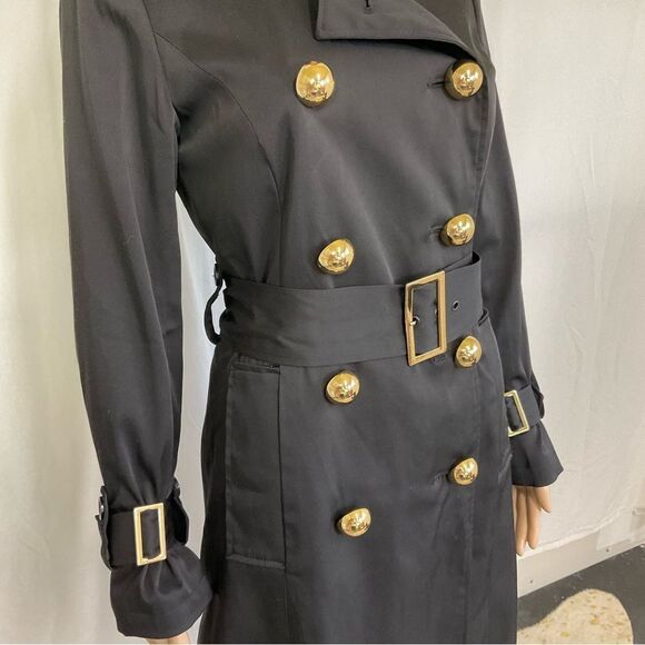 INC Double Breasted Belted Long Lightweight Trench Coat Black Gold Buttons S - Picture 4 of 15
